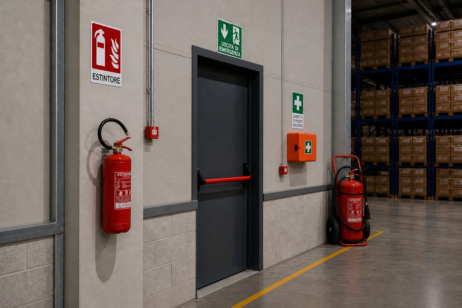 Porta di emergenza, estintori e segnaletica installati in un magazzino